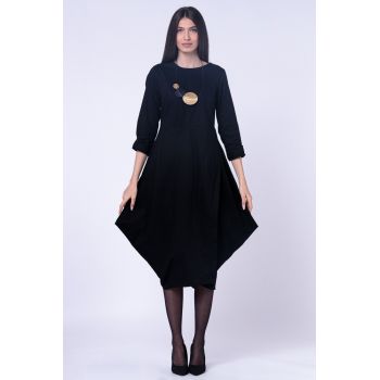 Rochie neagra din poplin de bumbac petrecuta, cu colturi laterale extravagante