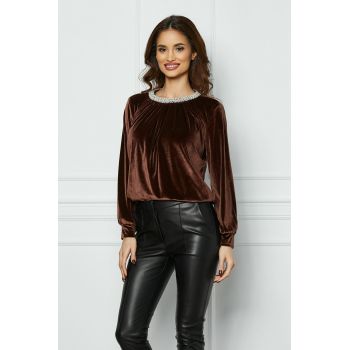 Bluza Dy Fashion maro din catifea cu perle la baza gatului