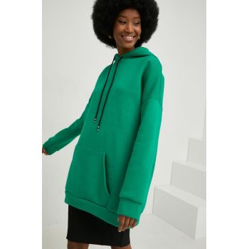 Answear Lab bluza femei, culoarea verde, cu glugă, neted