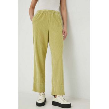 American Vintage pantaloni de catifea cord femei, culoarea verde, drept, high waist