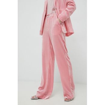 Custommade pantaloni de matase Pamela femei, culoarea roz, lat, high waist ieftina