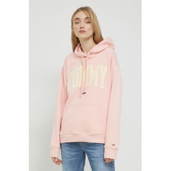 Tommy Jeans bluza femei, culoarea roz, cu glugă, cu imprimeu
