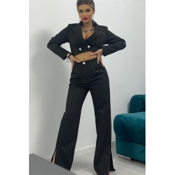 Costum de Dama VANITY, Casual cu Pantaloni Drepti si Sacou Scurt, Negru, cu Dungi