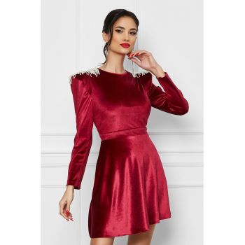 Rochie Dy Fashion bordo din catifea cu franjuri la umeri ieftina