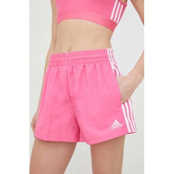 Adidas pantaloni scurti femei, culoarea roz, cu imprimeu, high waist ieftini