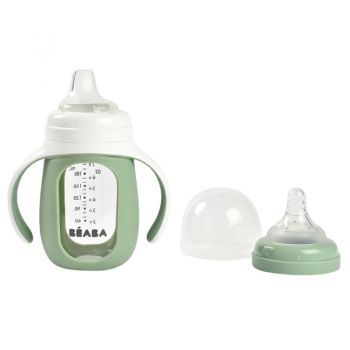 Biberon de invatare 2 in 1 din sticla Beaba 210 ml Sage Green