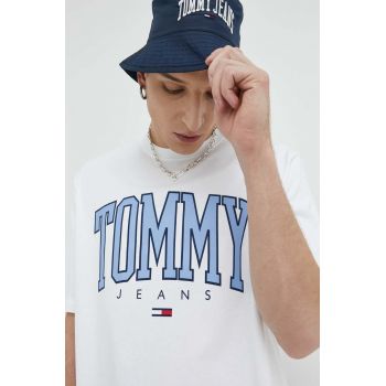 Tommy Jeans tricou din bumbac culoarea alb, cu imprimeu