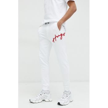 HUGO pantaloni de trening din bumbac barbati, culoarea alb, cu imprimeu