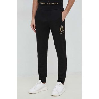 Armani Exchange pantaloni de trening din bumbac barbati, culoarea negru, cu imprimeu de firma originali