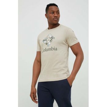 Columbia tricou din bumbac culoarea bej, cu imprimeu de firma original