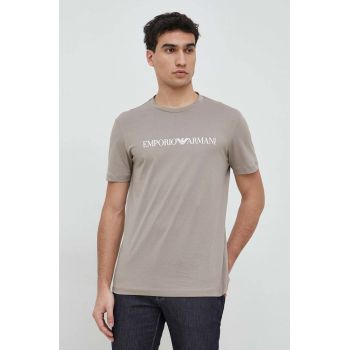 Emporio Armani tricou din bumbac culoarea bej, cu imprimeu de firma original