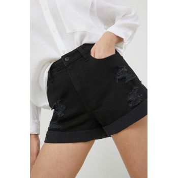 Hollister Co. pantaloni scurti jeans femei, culoarea negru, neted, high waist