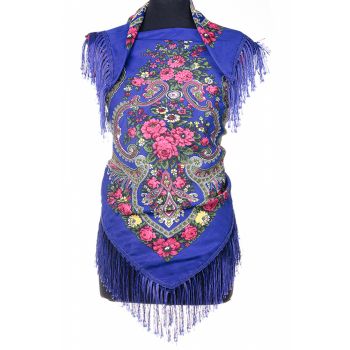 Esarfa gipsy patrata mare, tip Pavlovo Posad cu imprimeu floral traditional pe fond albastru