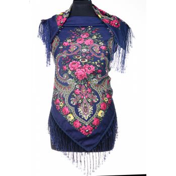 Esarfa gipsy patrata mare, tip Pavlovo Posad cu imprimeu floral traditional pe fond bleumarin inchis