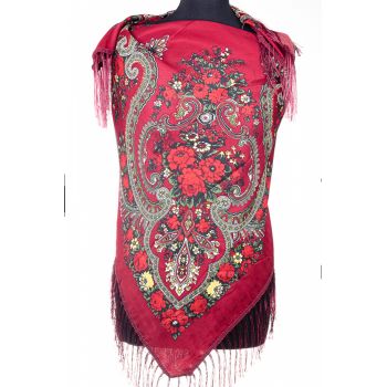 Esarfa gipsy patrata mare, tip Pavlovo Posad cu imprimeu floral traditional pe fond bordo ieftina