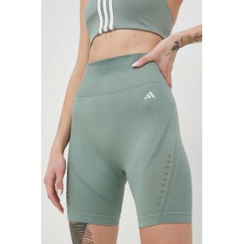 adidas Performance pantaloni scurți de yoga Aeroknit 2.0 femei, culoarea verde, neted, high waist