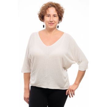 Bluza fin tricotata bob de orez, cu maneca fluture 3 4, alb