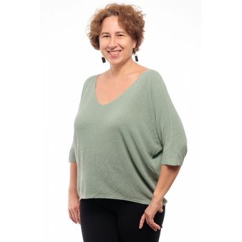 Bluza fin tricotata bob de orez, cu maneca fluture 3 4, kaki prafuit