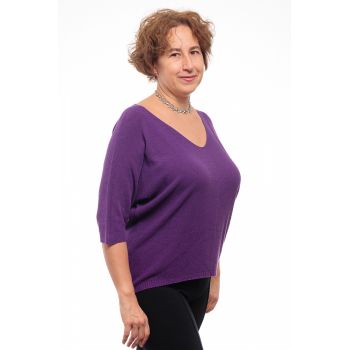 Bluza fin tricotata bob de orez, cu maneca fluture 3 4, mov