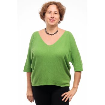 Bluza fin tricotata bob de orez, cu maneca fluture 3 4, verde