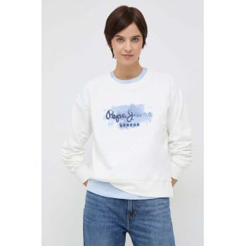 Pepe Jeans hanorac de bumbac Golodie Crew femei, culoarea alb, cu imprimeu
