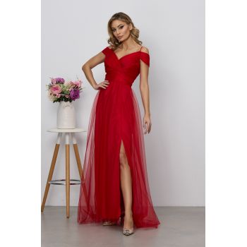 Rochie de ocazie din tull cu crepeu pe picior Celebre Rosie