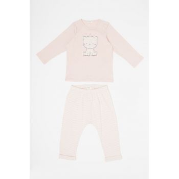 Set de bluza cu decolteu la baza gatului si pantaloni din bumbac - 2 piese