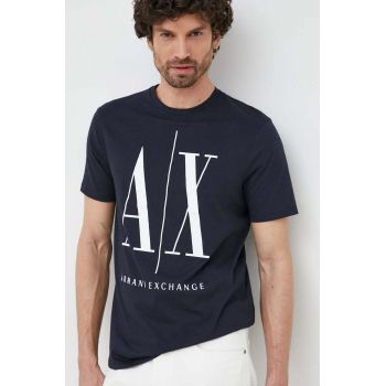 Armani Exchange tricou din bumbac Culoarea albastru marin, cu imprimeu ieftin