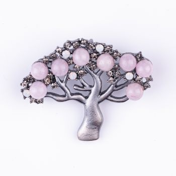 Brosa pandant metalica Pomul Vietii argintiu mat cu pietre naturale de cuart roz
