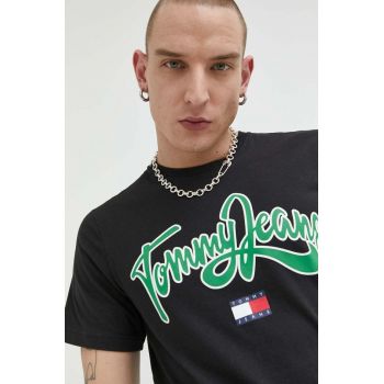 Tommy Jeans tricou din bumbac culoarea negru, cu imprimeu