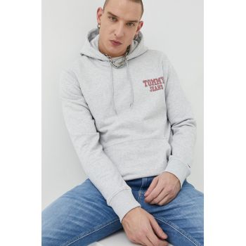 Tommy Jeans hanorac de bumbac barbati, culoarea gri, cu glugă, cu imprimeu