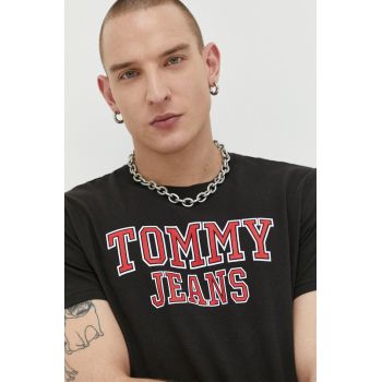 Tommy Jeans tricou din bumbac culoarea negru, cu imprimeu