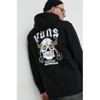 Vans hanorac de bumbac barbati, culoarea negru, cu glugă, cu imprimeu