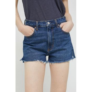 Abercrombie & Fitch pantaloni scurti jeans femei, culoarea albastru marin, neted, high waist