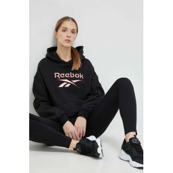 Reebok Classic bluza femei, culoarea negru, cu glugă, cu imprimeu