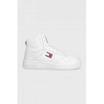 Tommy Jeans sneakers din piele MID CUT BASKET culoarea alb, EM0EM01164