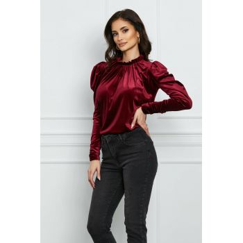 Bluza Dy Fashion bordo din catifea cu umeri bufanti