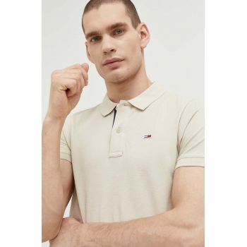 Tommy Jeans polo de bumbac culoarea bej, neted