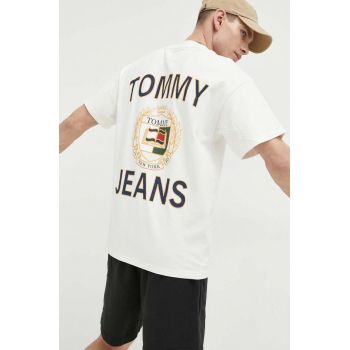 Tommy Jeans tricou din bumbac culoarea bej, cu imprimeu