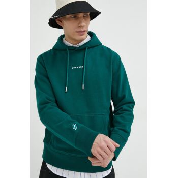 Superdry hanorac de bumbac barbati, culoarea verde, cu glugă, cu imprimeu