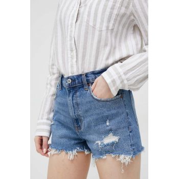 Abercrombie & Fitch pantaloni scurti jeans femei, culoarea albastru marin, high waist
