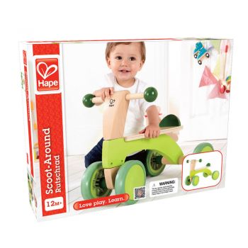 Ride-On copii fara pedale Hape cu 4 roti, fabricat din lemn cu roti silentioase, recomandat copiilor de la 12 luni