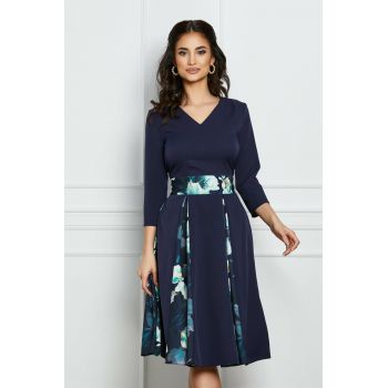 Rochie Dy Fashion bleumarin cu pliuri si imprimeu floral
