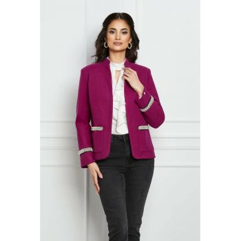 Sacou Dy Fashion fucsia cu perle la maneci si buzunare