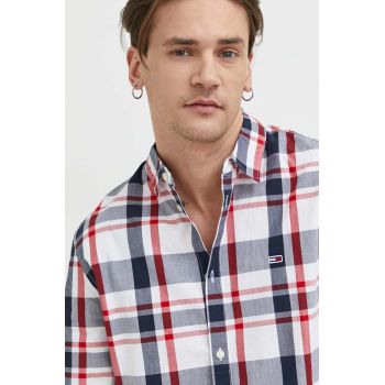 Tommy Jeans camasa din bumbac barbati, culoarea albastru marin, cu guler clasic, regular