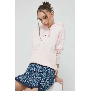 Tommy Jeans hanorac de bumbac femei, culoarea roz, cu glugă, cu imprimeu