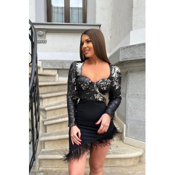 Rochie Eleganta de Dama,cu Bust din Paiete Argintii, si Fusta Neagra cu Fulgi, Cupe Push-up, Argintie