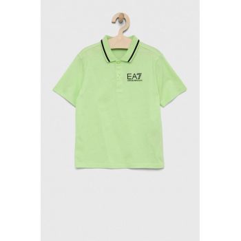 EA7 Emporio Armani tricouri polo din bumbac pentru copii culoarea verde, neted