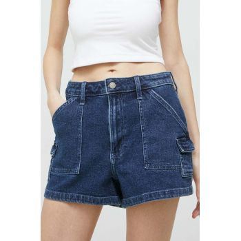 Hollister Co. pantaloni scurti jeans femei, culoarea albastru marin, neted, high waist