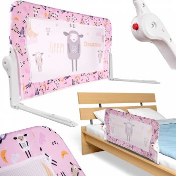 Bariera de protectie pentru pat copii, Ikonka, pliabila, cu cadru metalic, dimensiune 90 x 48.5 cm, Oite Roz